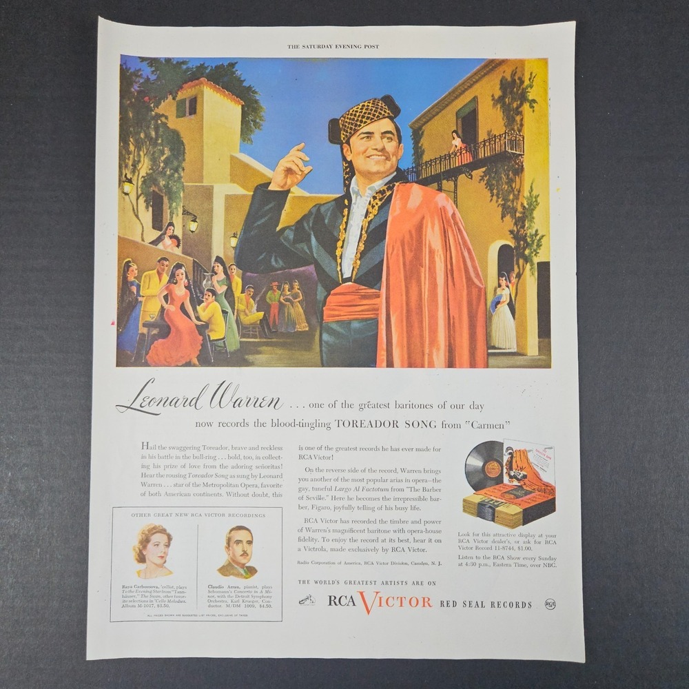 1945 RCA Victor Red Seal Records Vintage Print Ad Leonard Warren Toreador Carmen